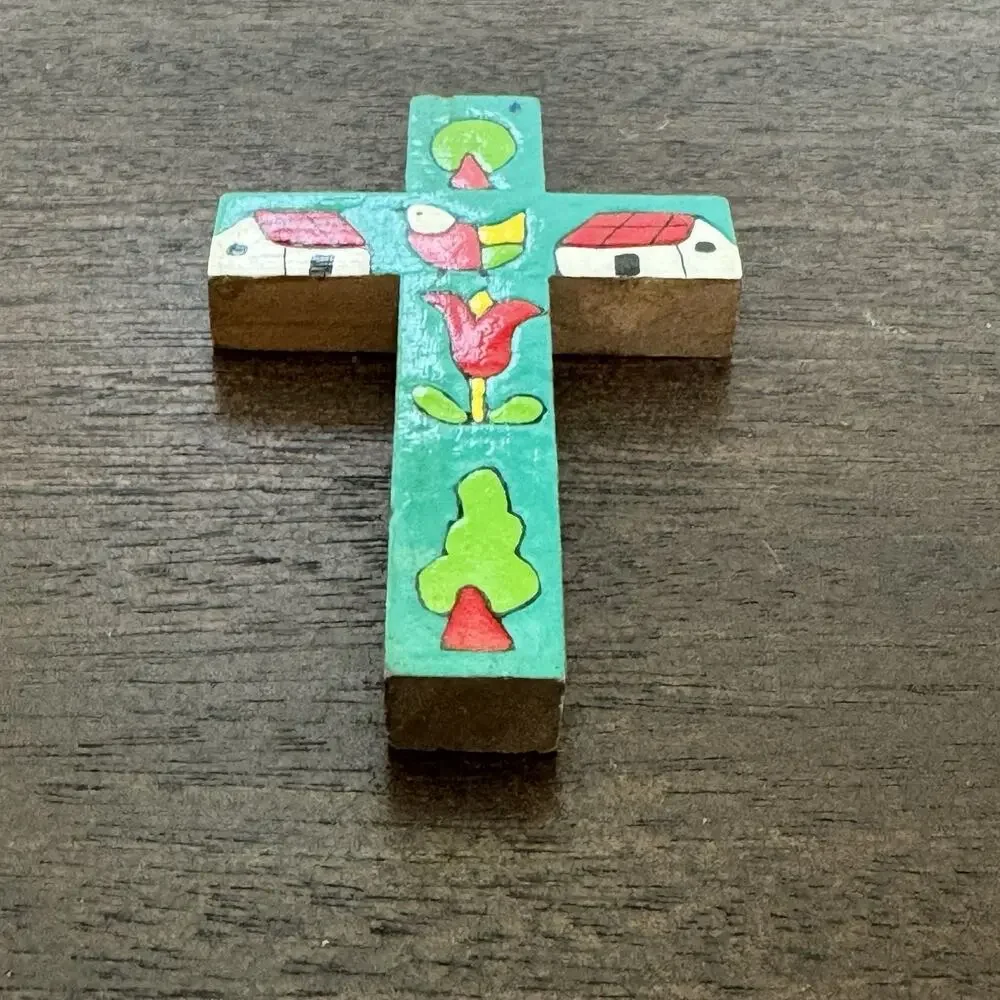 Cross El Salvador Vtg Handmade Turquoise Bird Floral Folk Art Artisan Religious